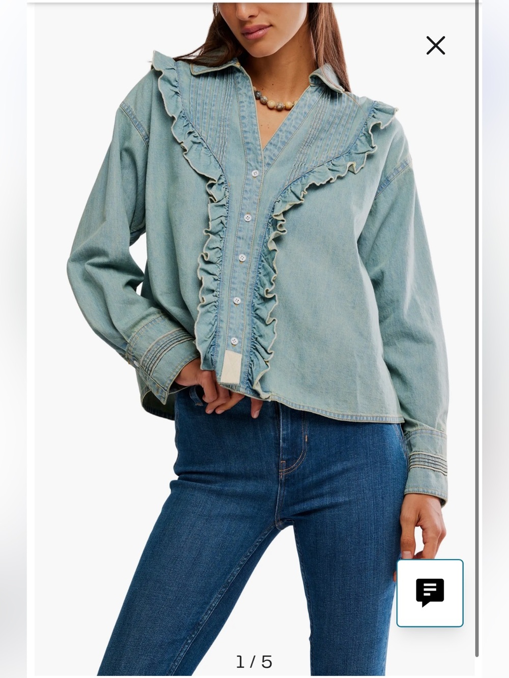 NWOT Free People VINTAGE CHAMBRAY RUFFLED & TATTERED LS BLOUSE Size S